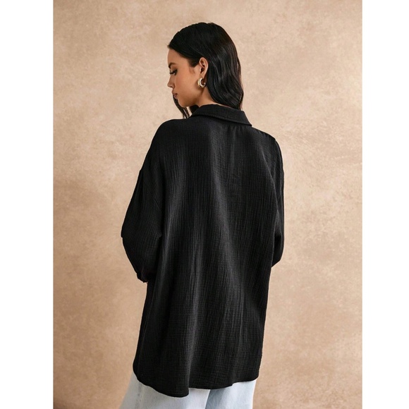 Cotton Black Casual Shirt Button Down Up Long Sleeve - Picture 5 of 12